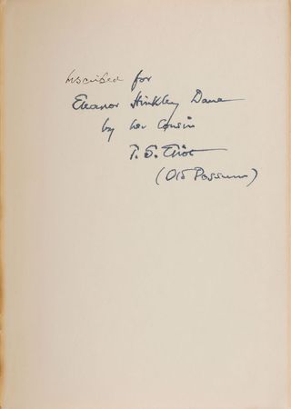 Lot #577 T. S. Eliot: Inscribed to a cousin by “T. S. Eliot (Old Possum)” - Image 1