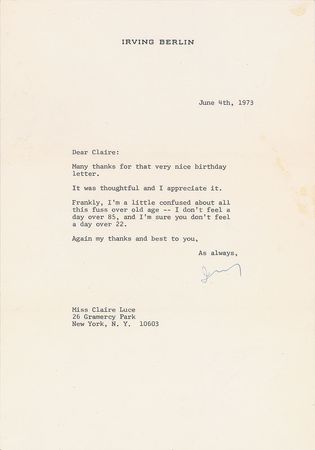 Lot #695 Irving Berlin: Berlin sends his thanks to three birthday well-wishers - Image 1