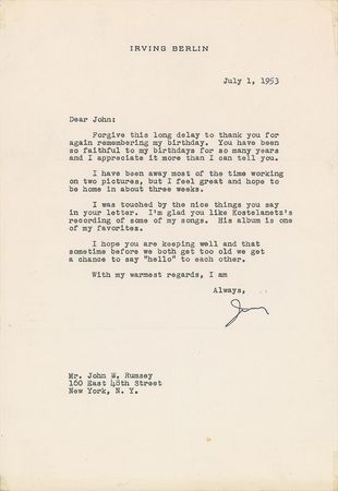 Lot #695 Irving Berlin: Berlin sends his thanks to three birthday well-wishers - Image 2