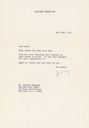 Lot #695 Irving Berlin: Berlin sends his thanks to three birthday well-wishers - Image 3