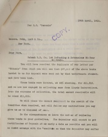 Lot #299 Titanic: “Correspondence re Bonds Lost on S. S. Titanic” - Image 3