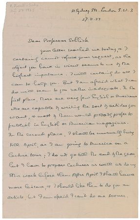 Lot #233 Bertrand Russell: Recommending a ?group of Polish mathematical logicians at Warsaw? - Image 1