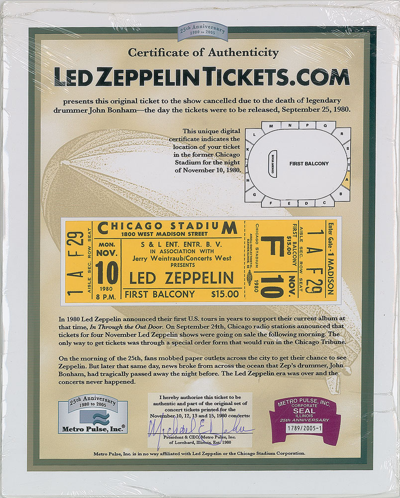 Led Zeppelin 1980 Chicago Ticket | RR Auction