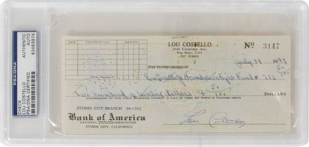 Lot #8110 Lou Costello Signed Check - Image 1