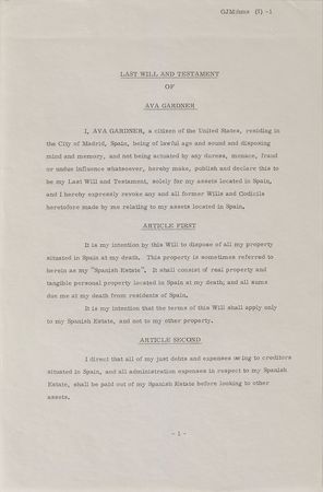Lot #8117 Ava Gardner?s Last Will and Testament Signed Document - Image 1