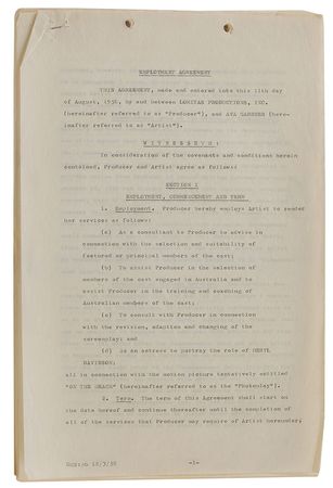 Lot #8122 On the Beach Collection of Signed Documents: Peck, Gardner, Perkins, and Astaire - Image 1