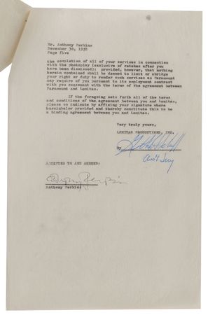 Lot #8122 On the Beach Collection of Signed Documents: Peck, Gardner, Perkins, and Astaire - Image 11