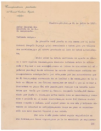 Lot #193 Emiliano Zapata: Zapata endorses the work of a fellow revolutionary: ?I am convinced of his loyalty to our cause? - Image 1