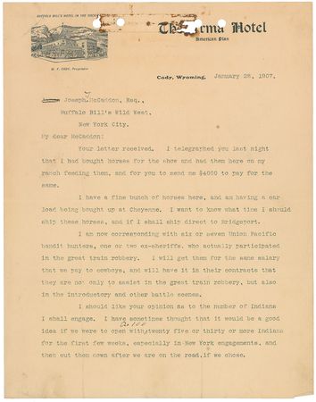 Lot #204 William F. ‘Buffalo Bill’ Cody: Cody hires “six or seven Union Pacific bandit hunters, one or two ex-sheriffs, who actually participated in the great train robbery” - Image 1