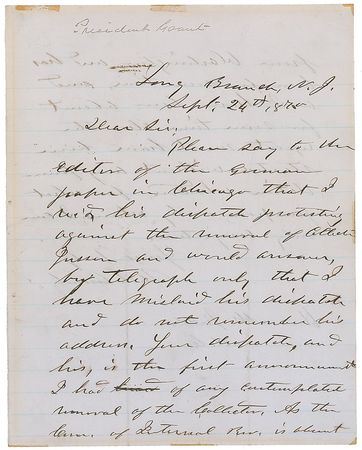 Lot #28 U. S. Grant: President Grant admits to confusion within the Internal Revenue Service - Image 1