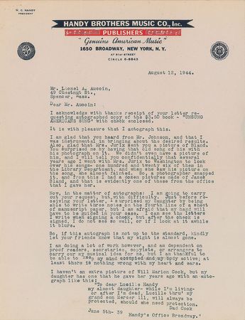 Lot #952 W. C. Handy: ?Kindly let your friends know that my sight is almost gone? - Image 1
