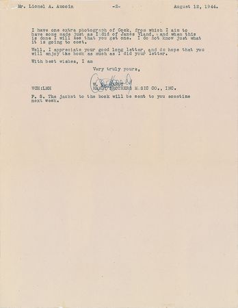 Lot #952 W. C. Handy: ?Kindly let your friends know that my sight is almost gone? - Image 2