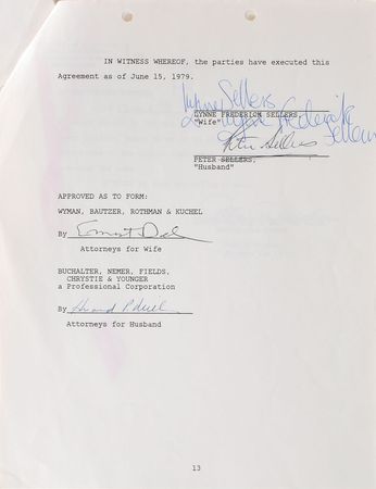 Lot #1072 Peter Sellers: Marital settlement agreement between Sellers and his wife - Image 1