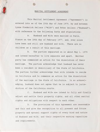 Lot #1072 Peter Sellers: Marital settlement agreement between Sellers and his wife - Image 2