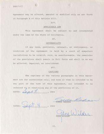 Lot #1134 Gilda Radner and Gene Wilder: The comedic couple sign a prenup - Image 1