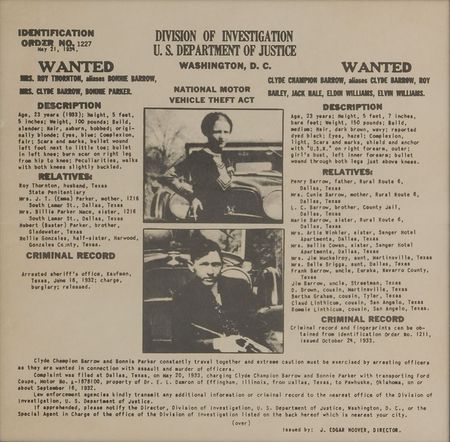 Lot #227 Bonnie and Clyde Wanted Poster - Image 1