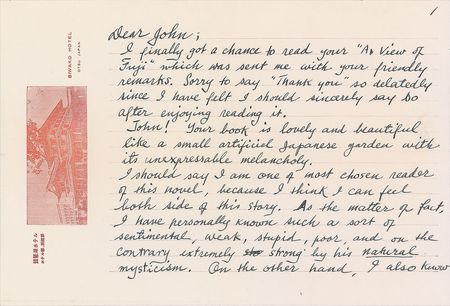 Lot #834 Yukio Mishima: “Your book is lovely and beautiful like a small artificial Japanese garden with its unexpressable melancholy” - Image 1