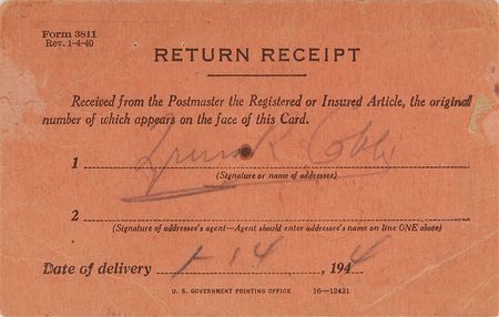 Lot #1149 Ty Cobb: Return receipt for ?Hillerich & Bradsby? - Image 1