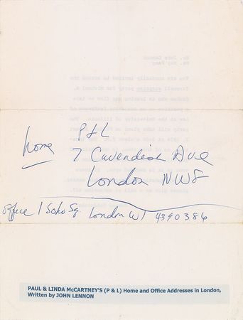 Lot #940 Beatles: John Lennon: Lennon scrawls McCartney’s address - Image 1