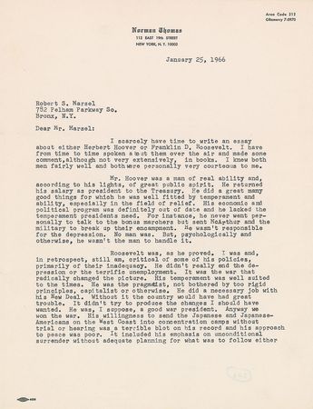 Lot #314 Norman Thomas: Thomas lauds and jabs two of his Presidential rivals?Hoover and FDR - Image 1