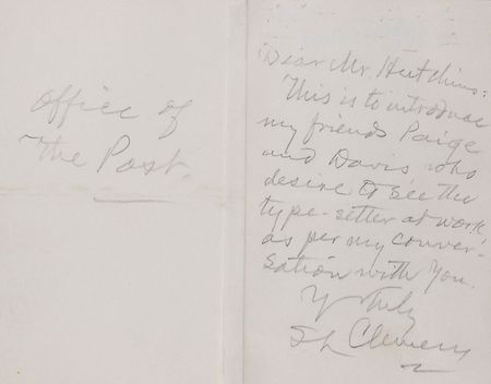 Lot #815 Samuel L. Clemens: Clemens introduces the men behind the Paige Compositor typesetter that would prove to be his financial undoing - Image 2