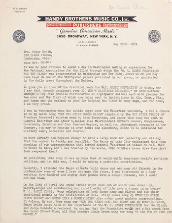 Lot #623 W. C. Handy: “I had a chance to do my march song ‘The Big Stick Blues March’” - Image 1