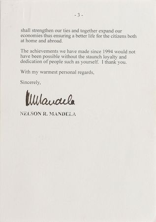 Lot #132 Nelson Mandela: Shortly before his retirement, Mandela reminds that ?the task of building a better life for all cannot stop, even for a single day? - Image 1