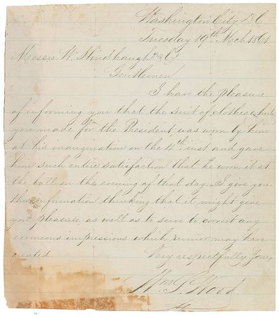 Lot #24 Mary Todd Lincoln: “Mr. Wood, without any order or unsolicited, had Mr. L. measured for a suit of clothes”—Mrs. Lincoln’s letter on the president’s inaugural outfit - Image 3