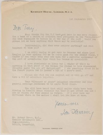 Lot #407 Ian Fleming: “Keep your eye open for a suitable assignment of the sort of adventurous type which has become my specialty” - Image 1
