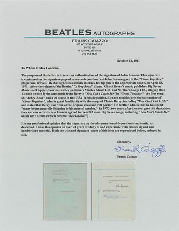 Lot #551 Beatles: John Lennon: Historic 1969 Lennon deposition concerning ?Come Together? and Chuck Berry plagiarism - Image 2