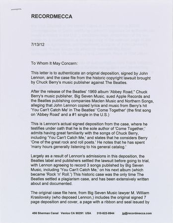 Lot #551 Beatles: John Lennon: Historic 1969 Lennon deposition concerning ?Come Together? and Chuck Berry plagiarism - Image 3