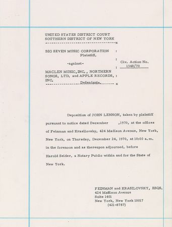 Lot #551 Beatles: John Lennon: Historic 1969 Lennon deposition concerning ?Come Together? and Chuck Berry plagiarism - Image 6