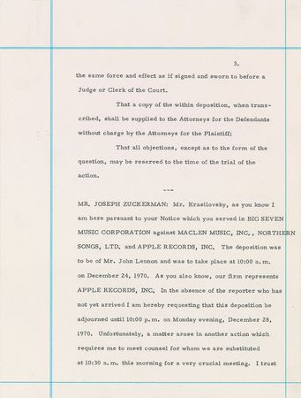 Lot #551 Beatles: John Lennon: Historic 1969 Lennon deposition concerning ?Come Together? and Chuck Berry plagiarism - Image 7
