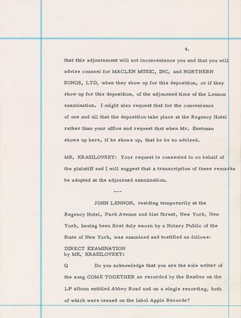 Lot #551 Beatles: John Lennon: Historic 1969 Lennon deposition concerning ?Come Together? and Chuck Berry plagiarism - Image 9
