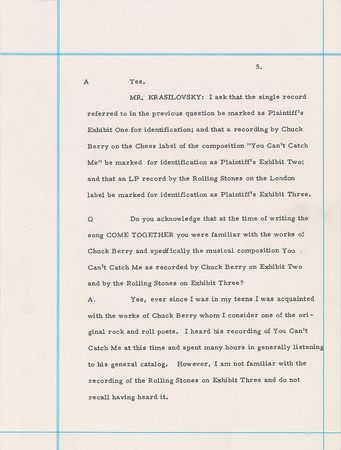 Lot #551 Beatles: John Lennon: Historic 1969 Lennon deposition concerning ?Come Together? and Chuck Berry plagiarism - Image 10