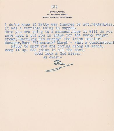Lot #934 Stan Laurel Typed Letters Signed - Image 2
