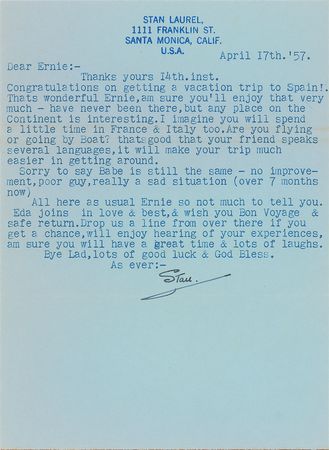 Lot #934 Stan Laurel Typed Letters Signed - Image 3