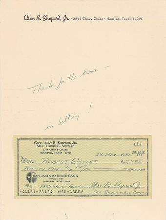 Lot #321 Alan Shepard Typed Letter Signed and Check - Image 1