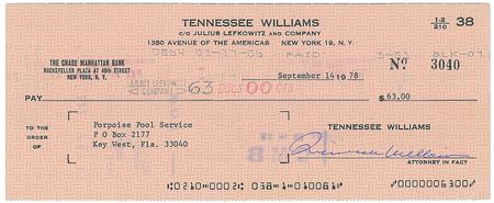 Lot #524 Tennessee Williams Check - Image 1