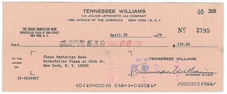 Lot #524 Tennessee Williams Check - Image 2