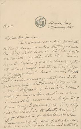 Lot #473 Joel Chandler Harris: The ?Brer Rabbit? author remarks on Abraham Lincoln - Image 1