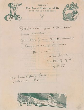 Lot #514 Ruth Plumly Thompson Handwritten Letter Signed and Poem - Image 1