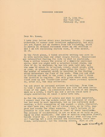 Lot #462 Theodore Dreiser: “I think creative writing has more to do with emotion than any other single factor” - Image 1