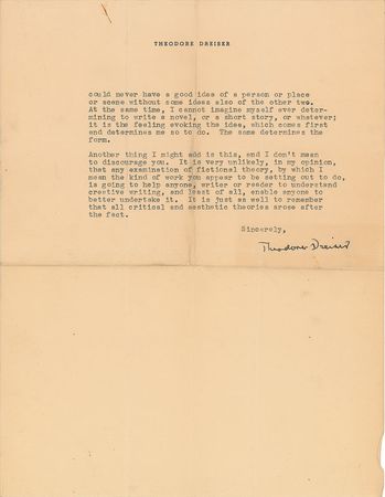 Lot #462 Theodore Dreiser: “I think creative writing has more to do with emotion than any other single factor” - Image 2