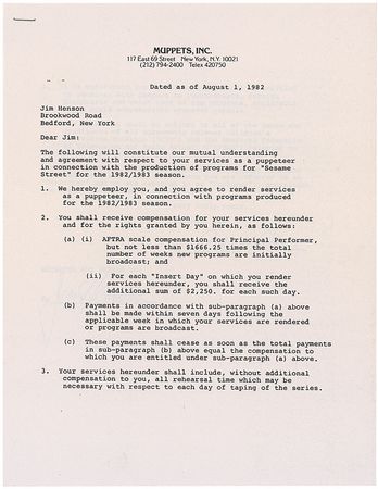 Lot #923 Jim Henson Signed Document - Image 1