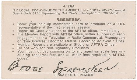 Lot #564 Bruce Springsteen: The Boss’s 1982 AFTRA card - Image 1