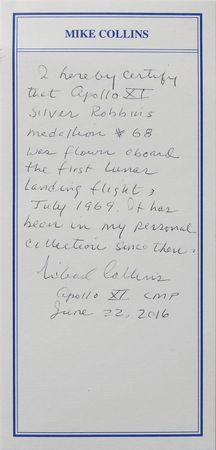 Lot #2083 Michael Collins?s Flown Apollo 11 Robbins Medal - Image 3