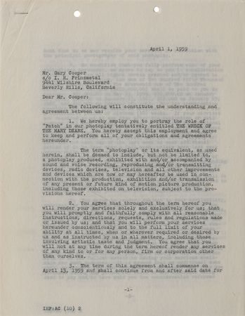 Lot #803 Gary Cooper Signed Document - Image 1