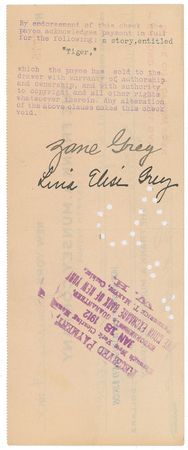 Lot #581 Zane Grey: Grey receives payment for “a story, entitled ‘Tiger’” - Image 1