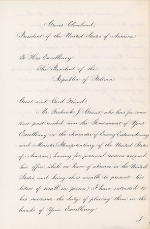 Lot #57 Grover Cleveland: To the president of Bolivia - Image 1